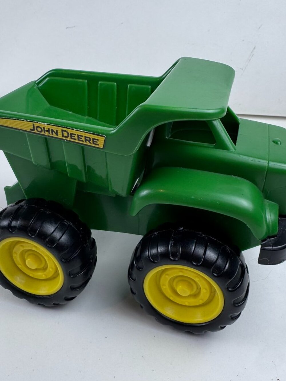 Vintage John Deere Green Plastic Dump Truck Toy ERTL Sand Box Monster Wheels 6"